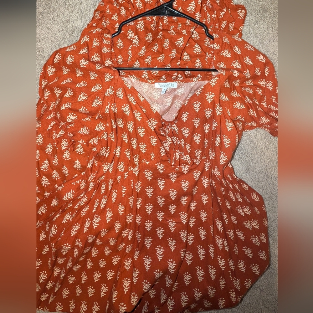 Rust Orange Boho Midi Dress | Puff Sleeve Tie Front Cottagecore Western - Picture 4 of 4